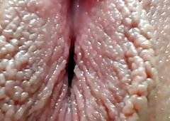 Closeup open pink pussy spread