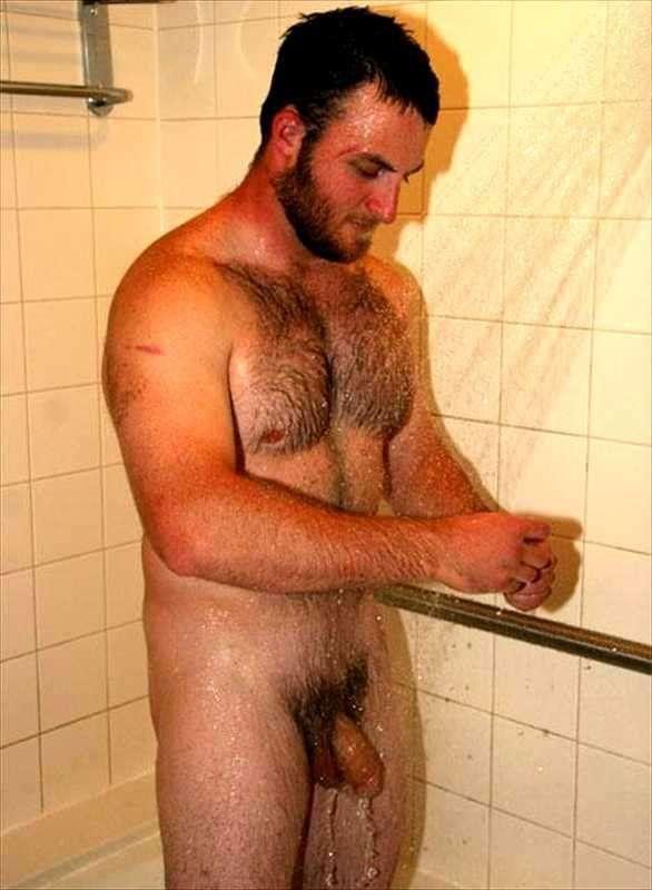 Nude hairy men shower